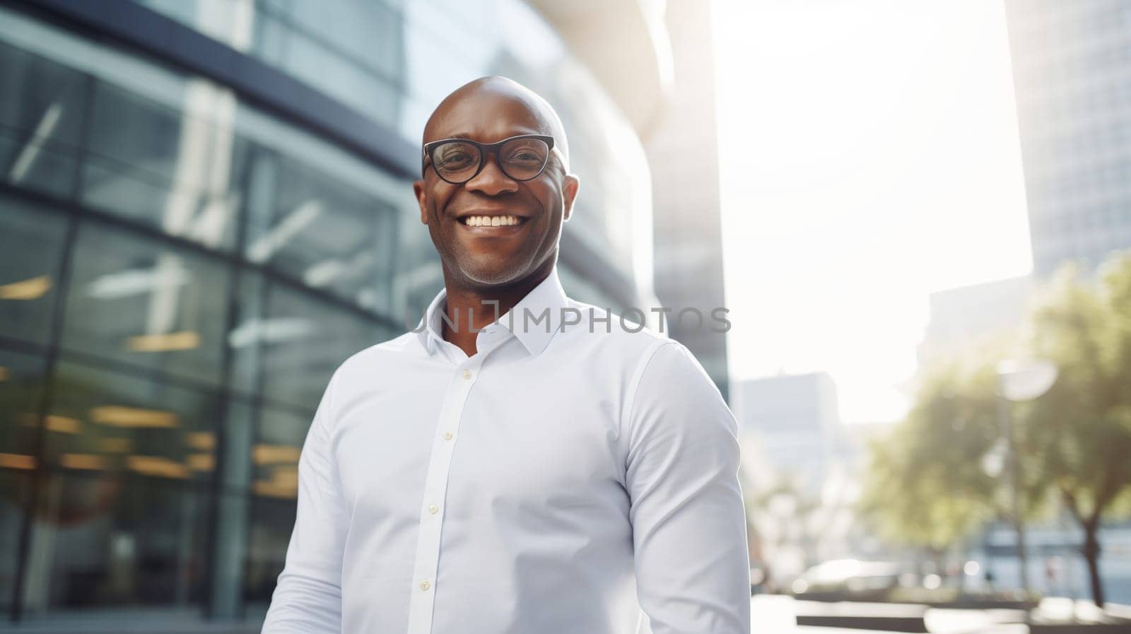 Successful happy smiling mature African businessman standing in the city, wearing white shirt and glasses, looking at camera