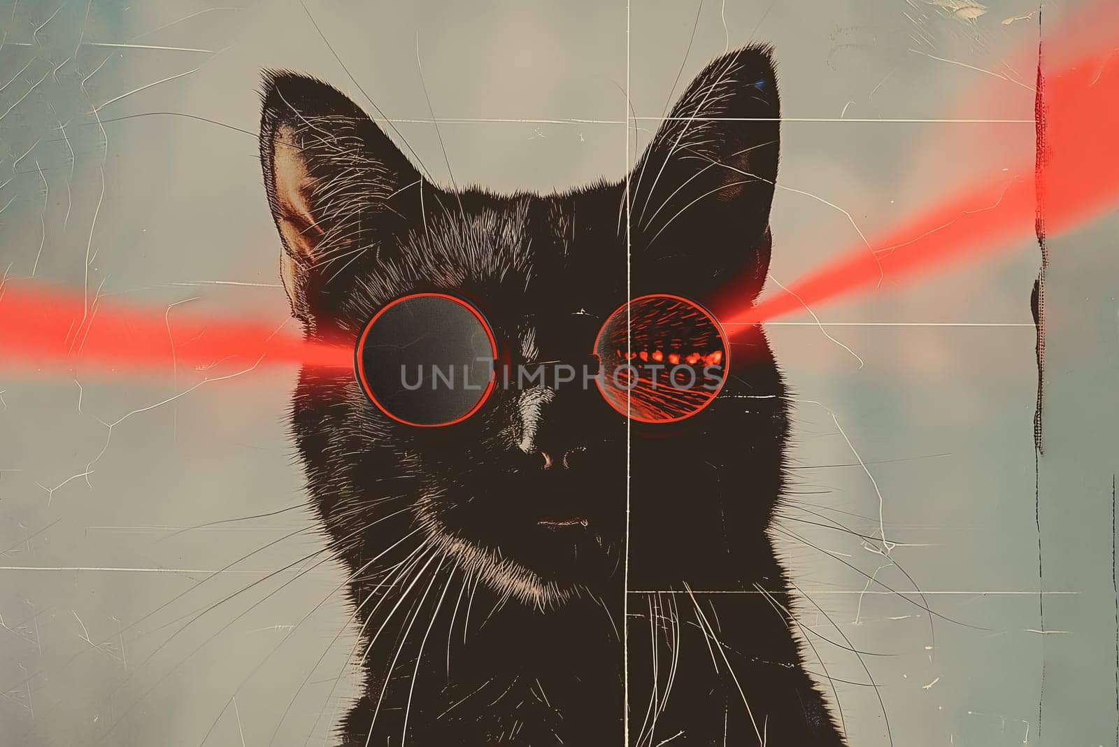 Cat with lasers from eyes. Minimal collage fashion concept