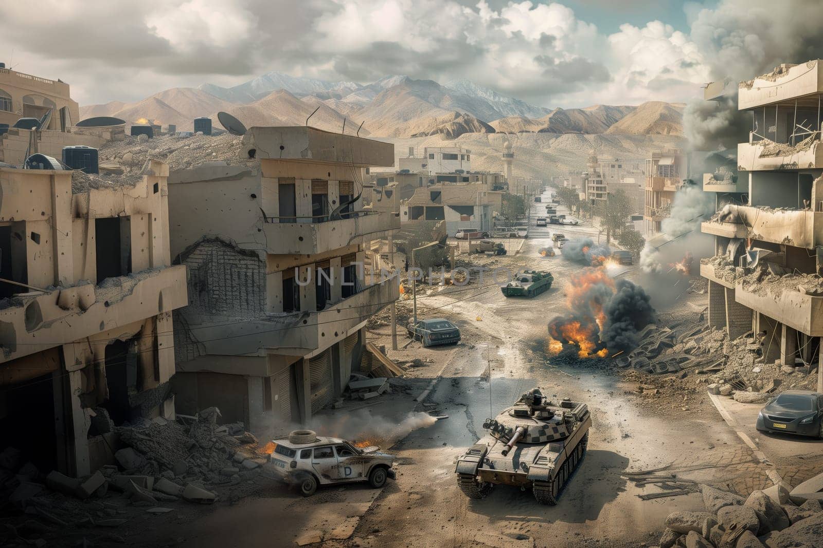 conflict between Israel and Iran. Concept of war in the Middle East. Tank in a destroyed desert city. Combat actions