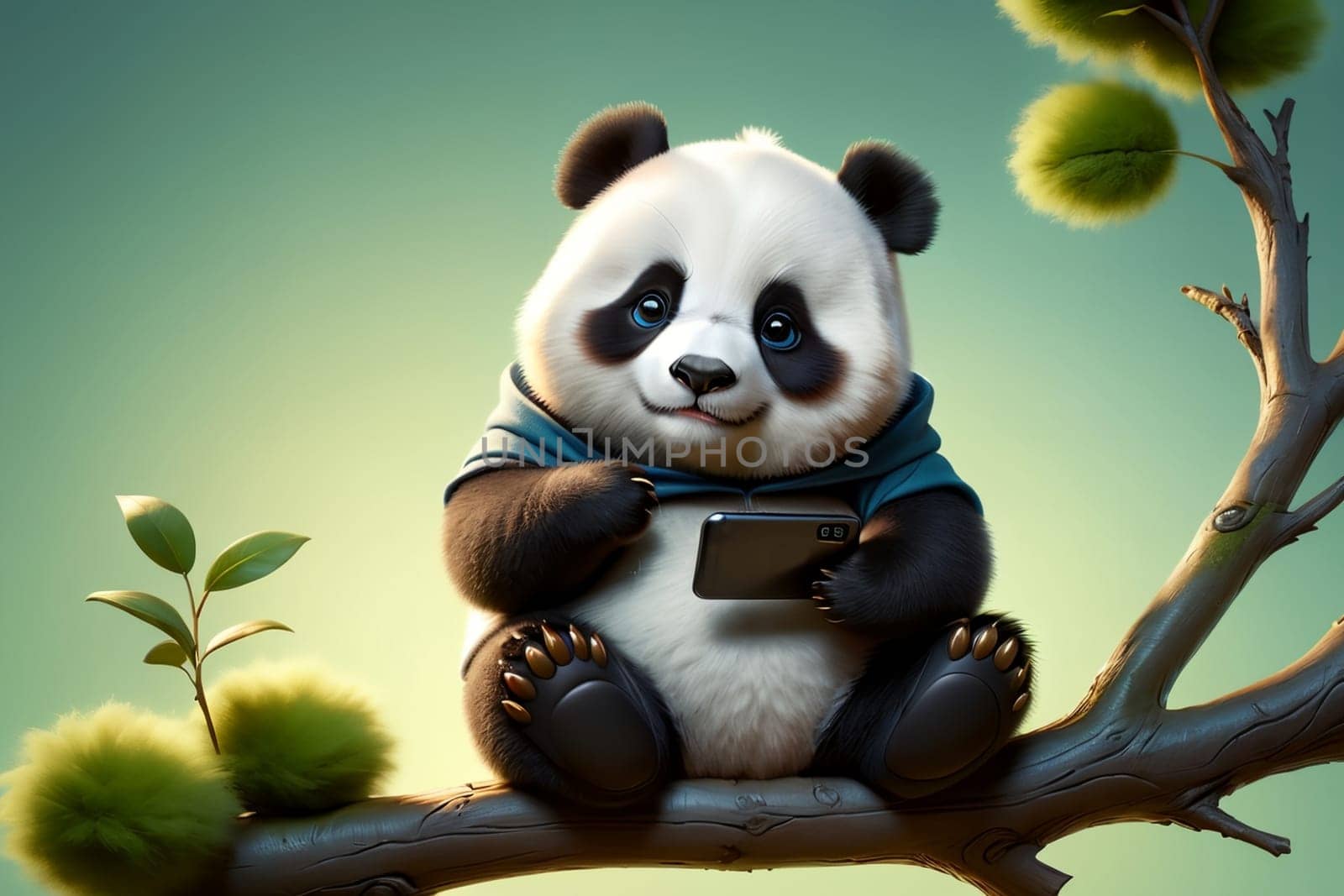 panda sits on a branch and reads on the phone by Rawlik