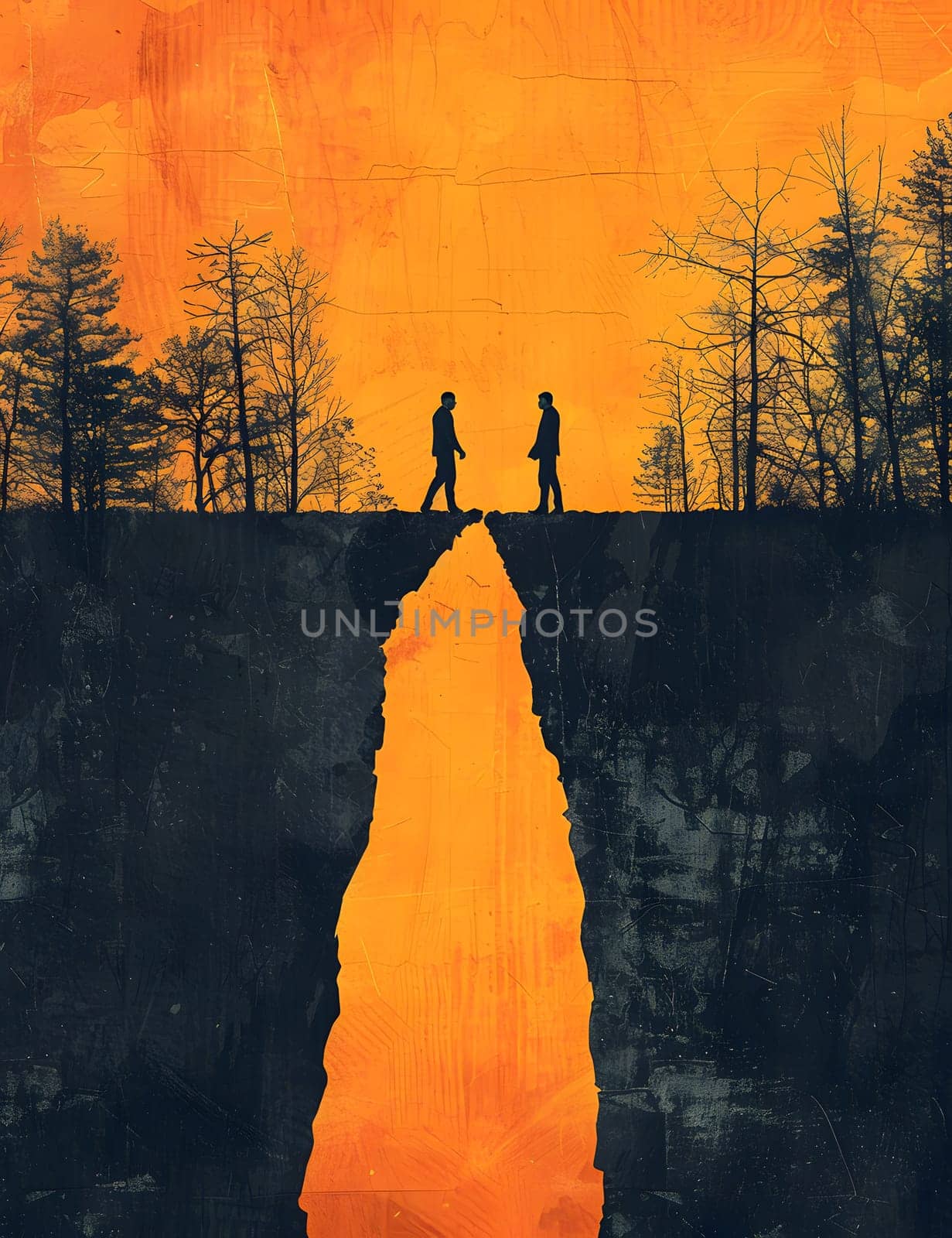 Two figures traverse a cliff overlooking a stunning natural landscape at sunset. The sky is painted with warm tints and shades, casting a golden hue over the horizon