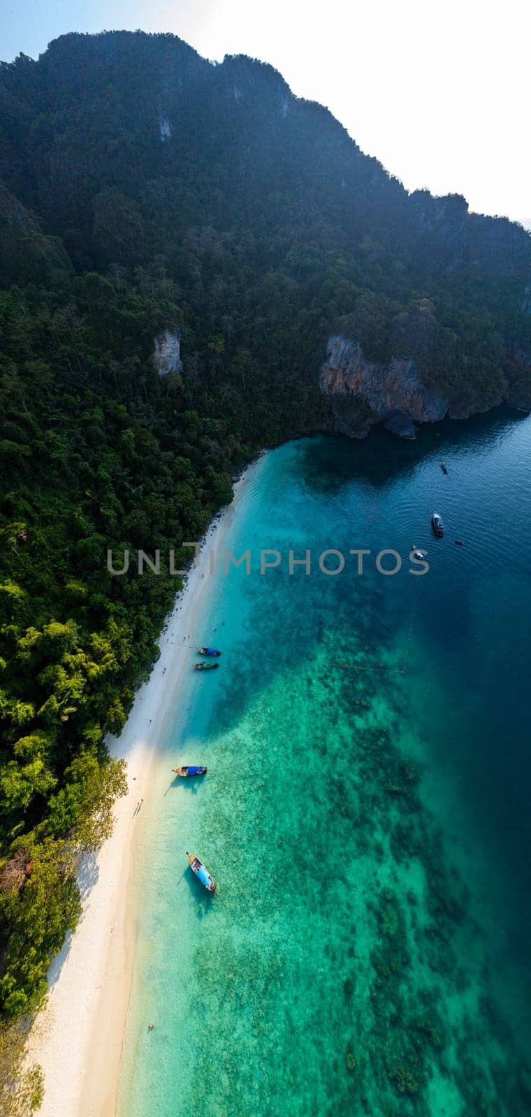 Aerial view of monkey beach in Koh Phi Phi island in Krabi, Thailand by worldpitou