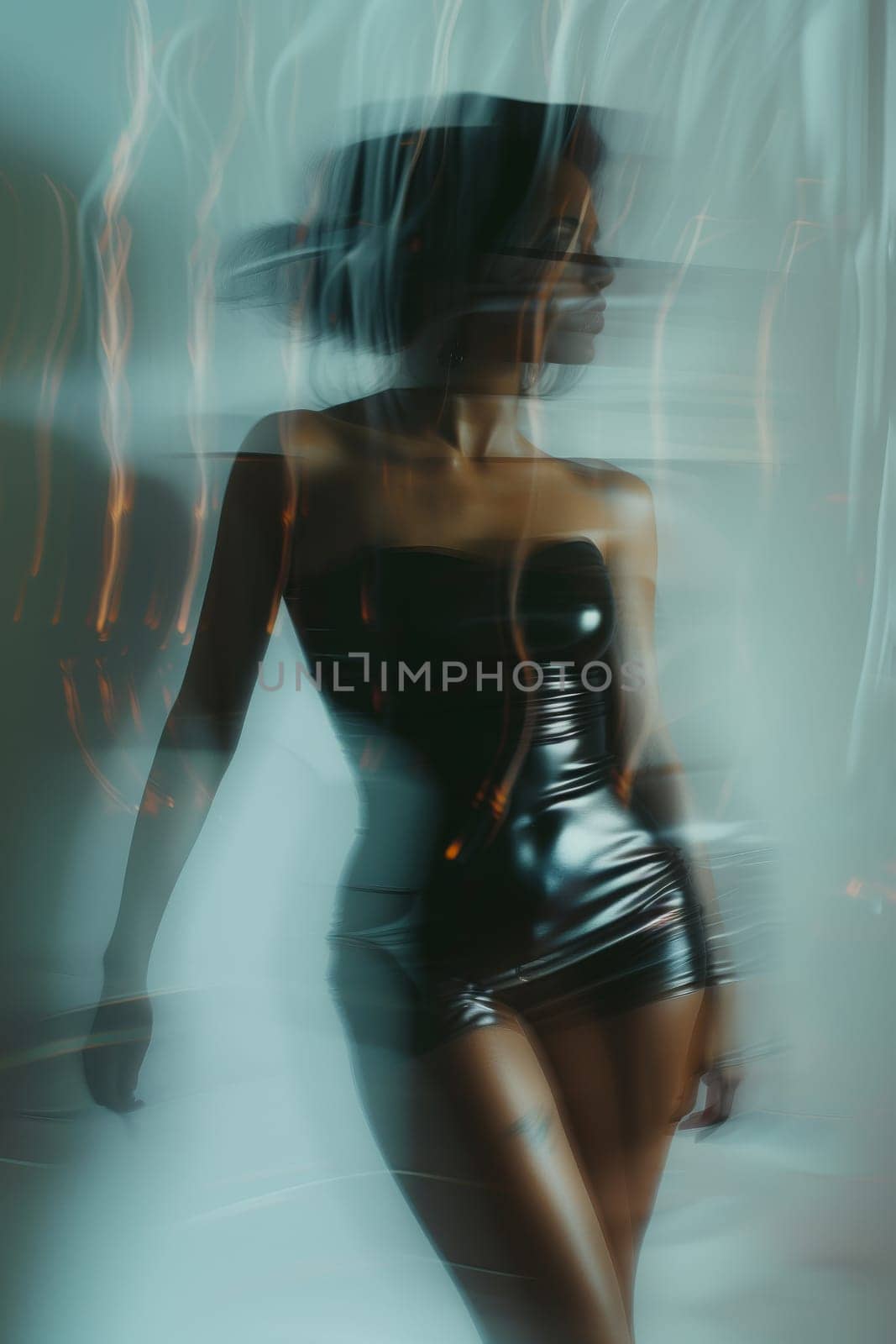 woman in latex dress stand, freeze-motion,