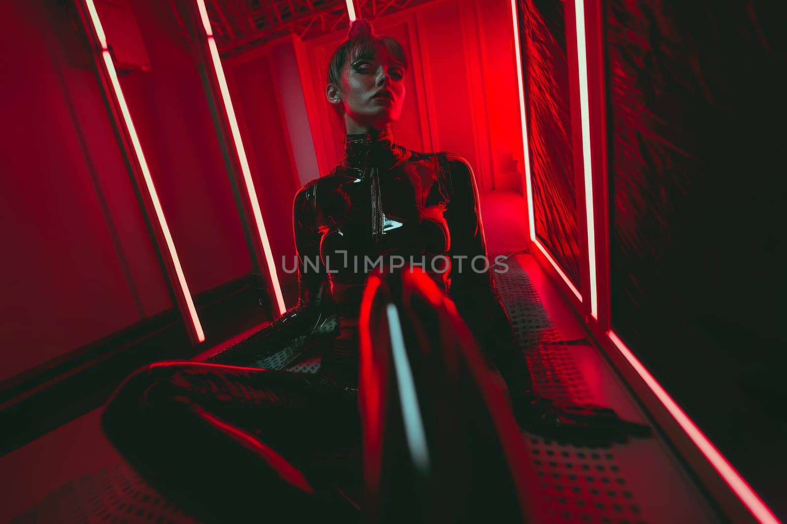 Beautiful young sexy female model in latex sits in a red light in a hangar. Fetish concept by zartarn