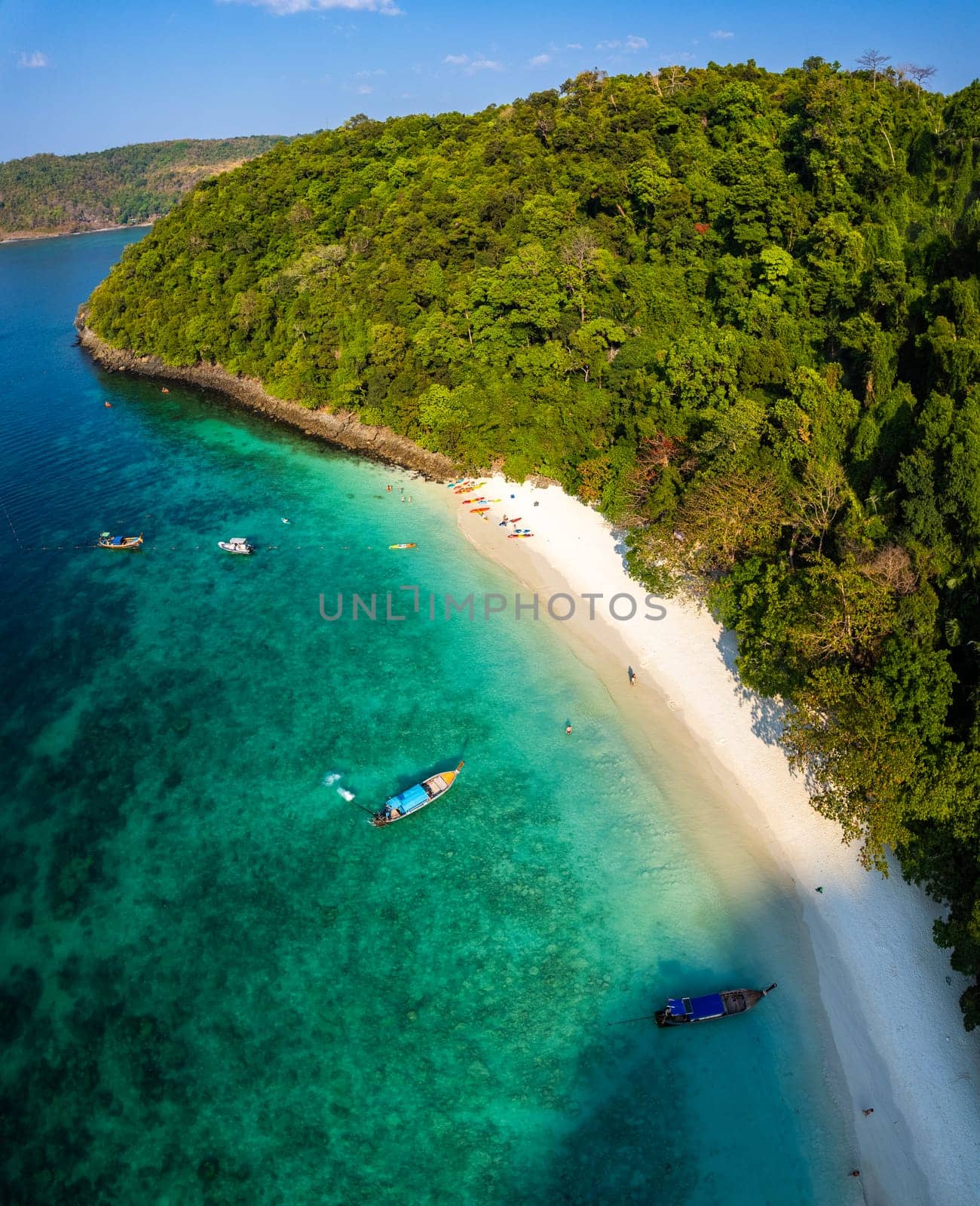 Aerial view of monkey beach in Koh Phi Phi island in Krabi, Thailand, south east asia