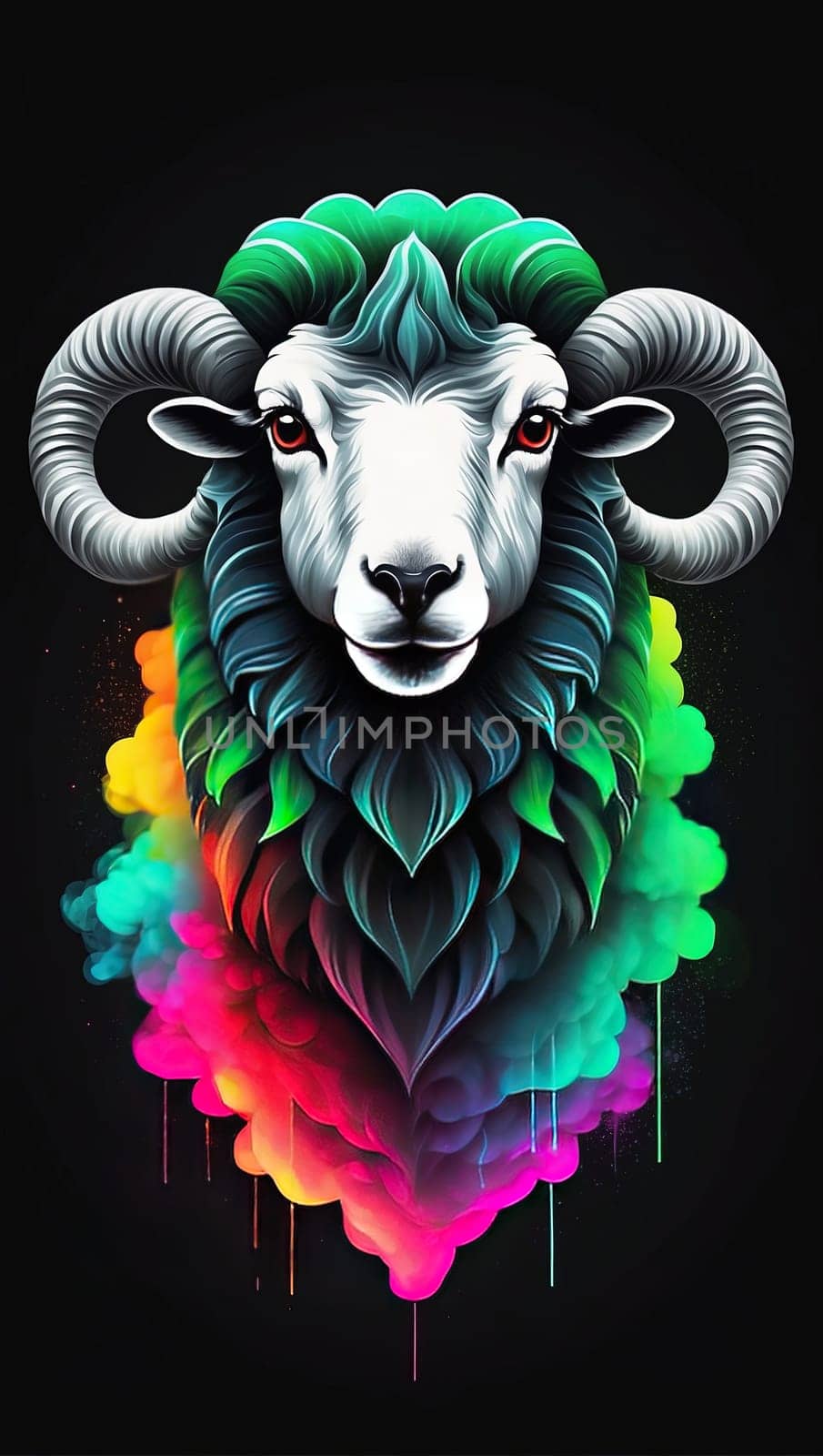 Sheep head with colorful smoke on black background. 3D illustration. Generative AI.