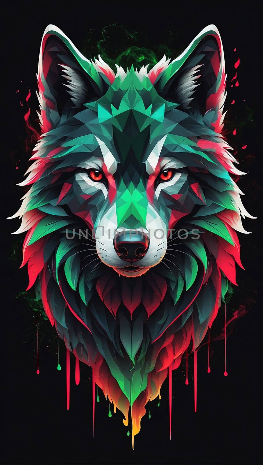Wolf head with colorful paint splashes on black background. 3d illustration. by Waseem-Creations