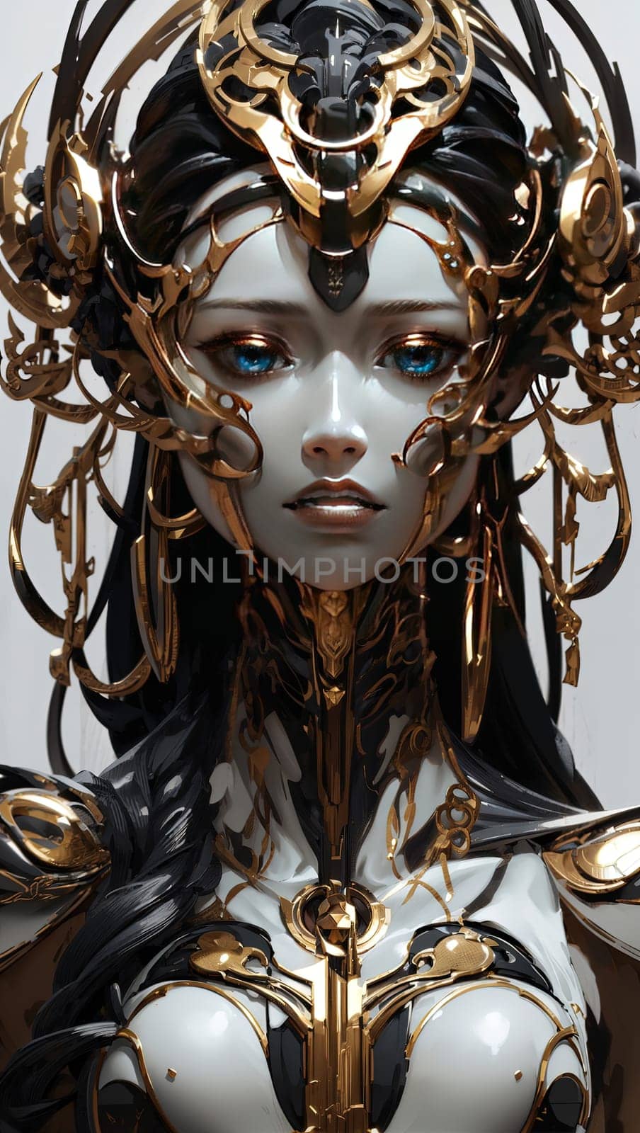 3d rendering of a female robot with golden hair and fantasy makeup. Generative AI.