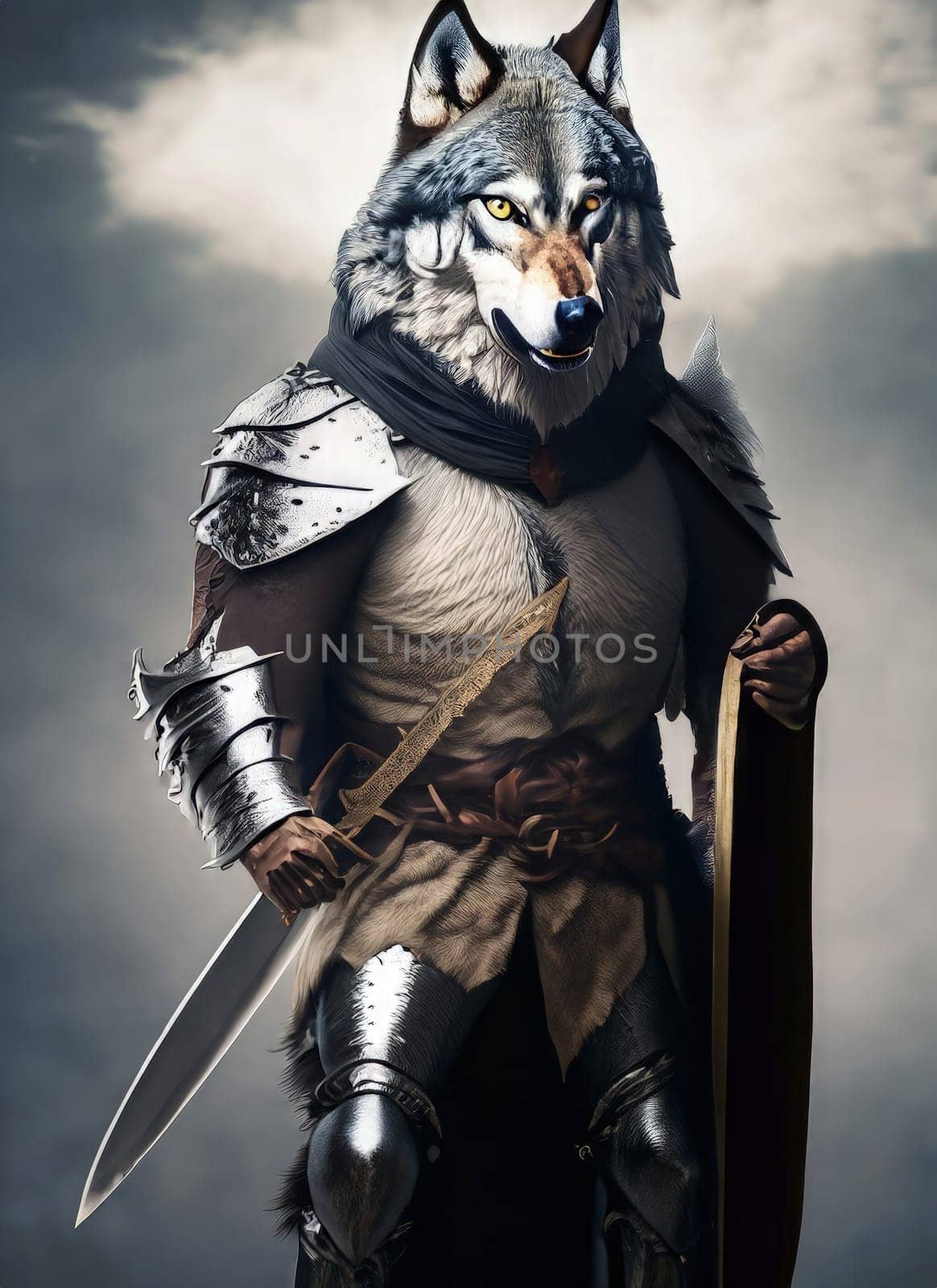 Portrait of a wolf warrior in armor with a sword and shield by Waseem-Creations