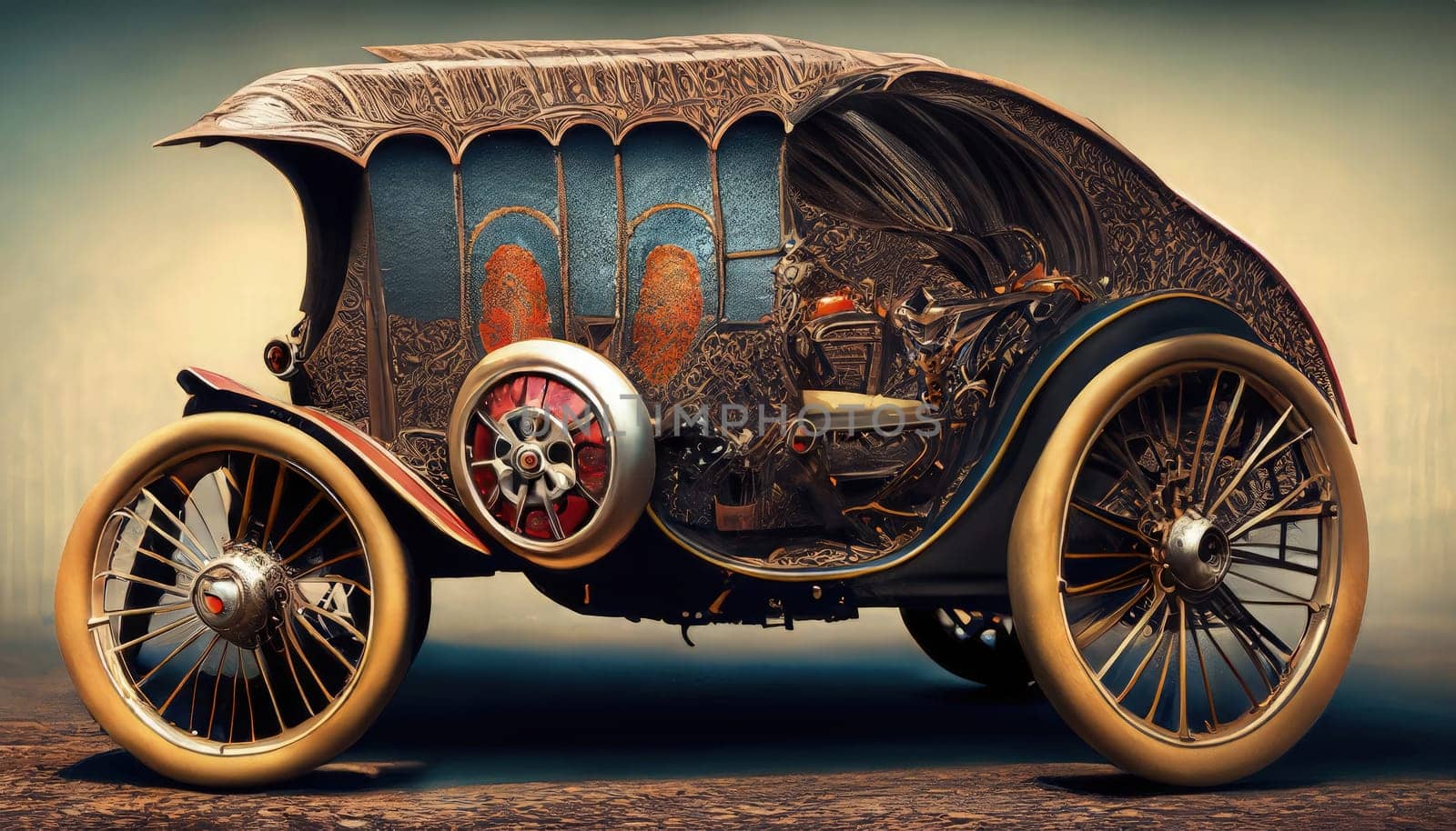 Vintage car model on a wooden background. 3d illustration. Generative AI.