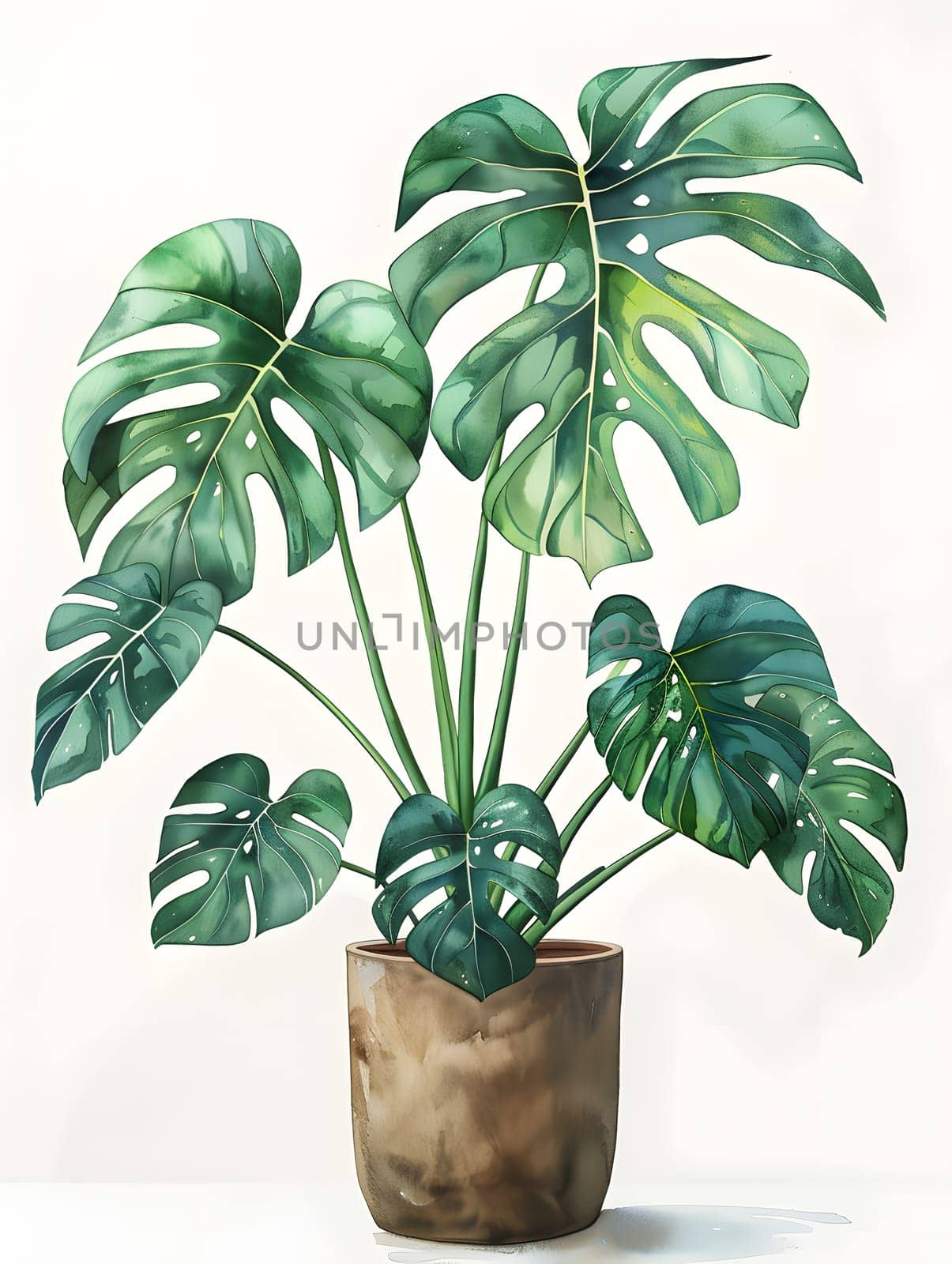 A stunning painting of a monstera houseplant in a flowerpot on a clean white background. This art piece beautifully captures the essence of nature and adds a touch of greenery to any space