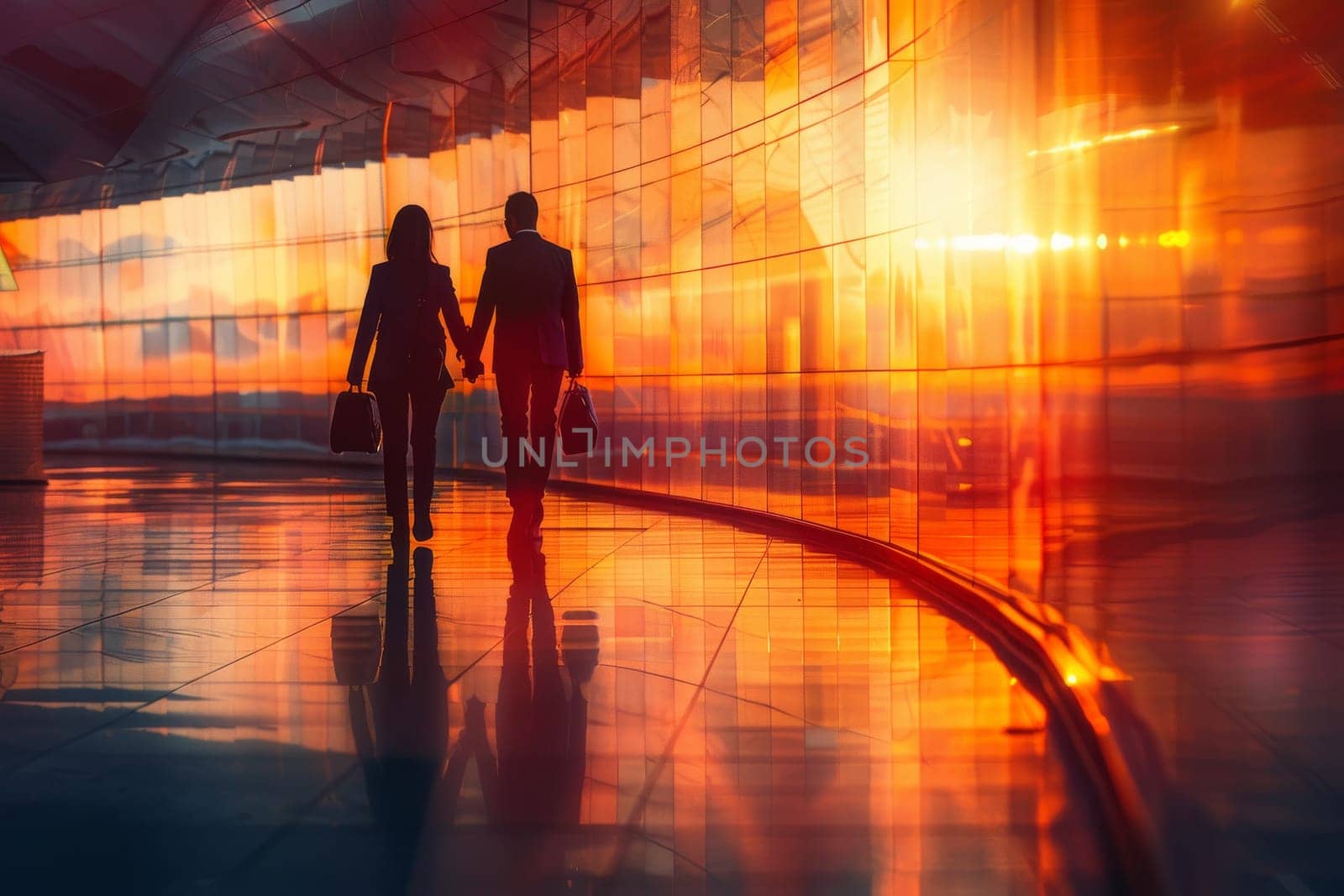 A couple walking in a building with a sunset in the background. The man is carrying a briefcase and the woman is carrying a handbag