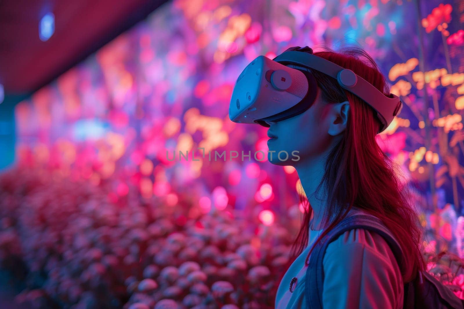 A woman wearing a virtual reality headset stands in front of a wall of flowers by itchaznong