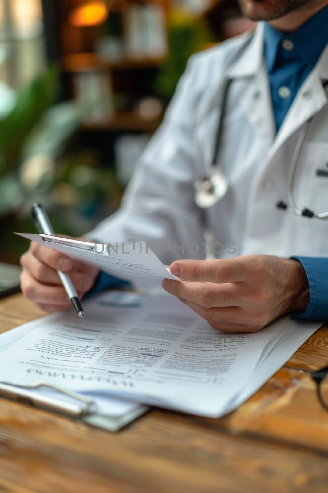 A doctor is sitting at a desk with a clipboard and a pen. He is reading a piece of paper and writing something down. Concept of professionalism and focus