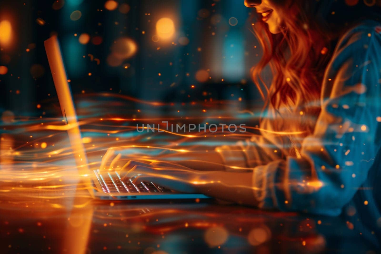 A woman is typing on a laptop in a room with a lot of light. The room is filled with bright lights and the woman is smiling. The laptop is open and the woman is focused on her work