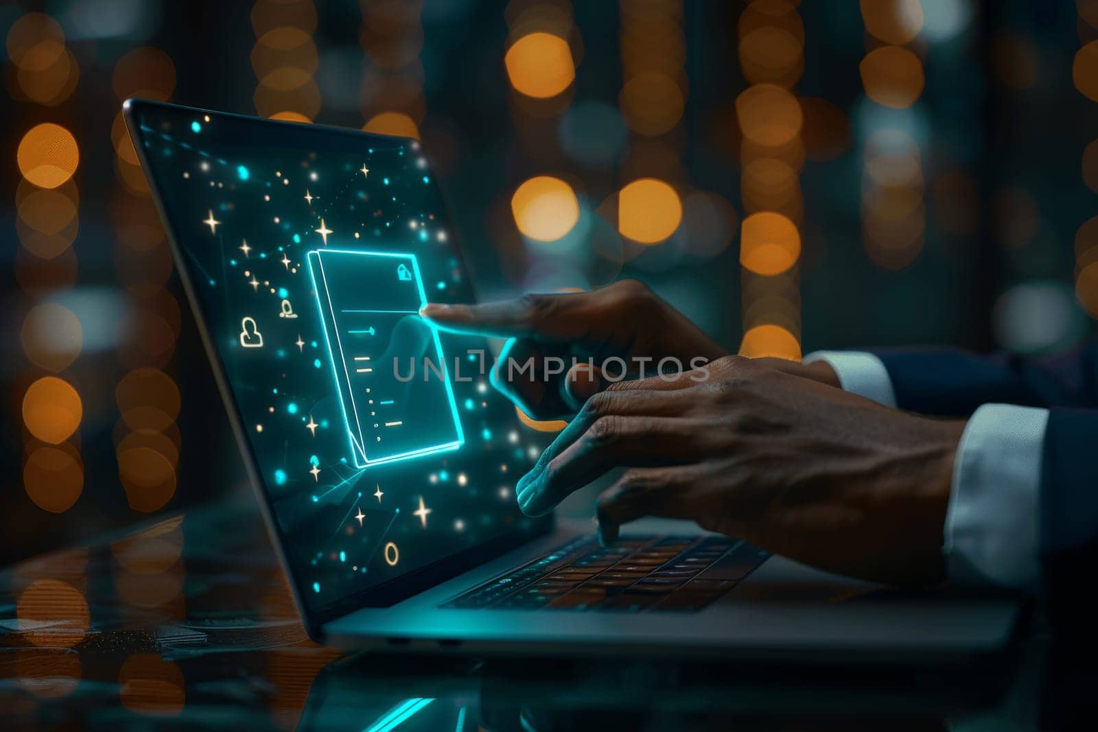 A person is using a laptop with a glowing screen that has a person pointing at a document. Concept of someone working on a project or task, possibly related to a document or presentation