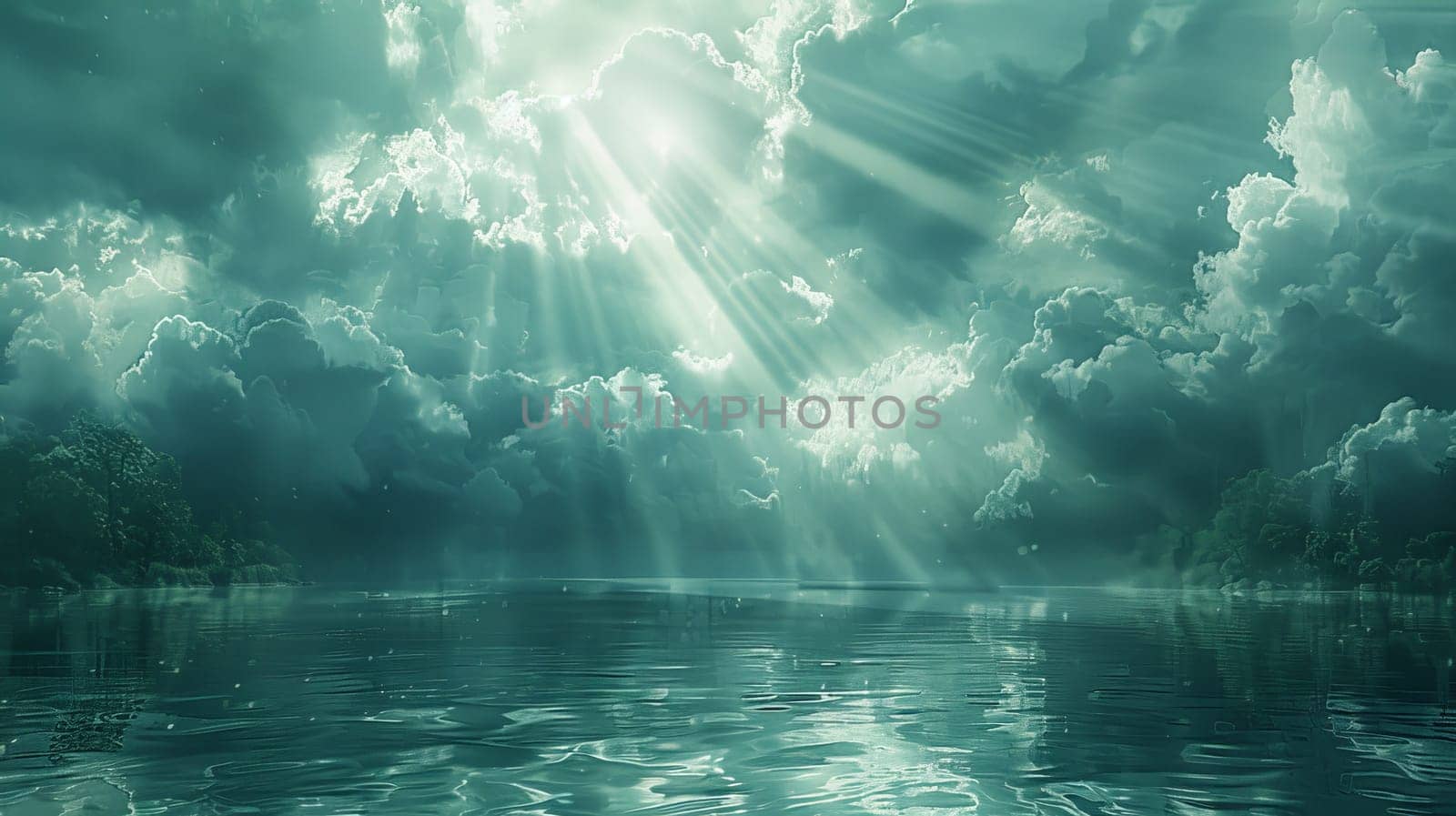 A beautiful blue sky with clouds and a bright sun shining through them. The sun is casting a warm glow on the water, creating a serene and peaceful atmosphere