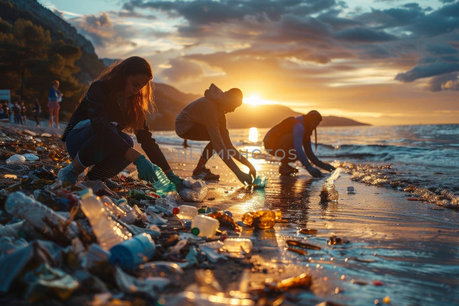 Three people are picking up trash on a beach. The sun is setting in the background, casting a warm glow over the scene. Scene is one of environmental awareness