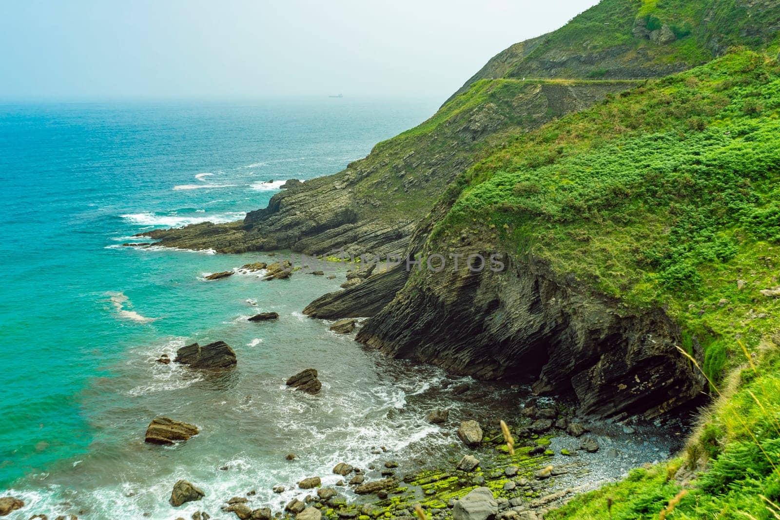 rocky shore with green vegetation. Atlantic coast in Spain, Basque Country. Camino de Santiago by paca-waca