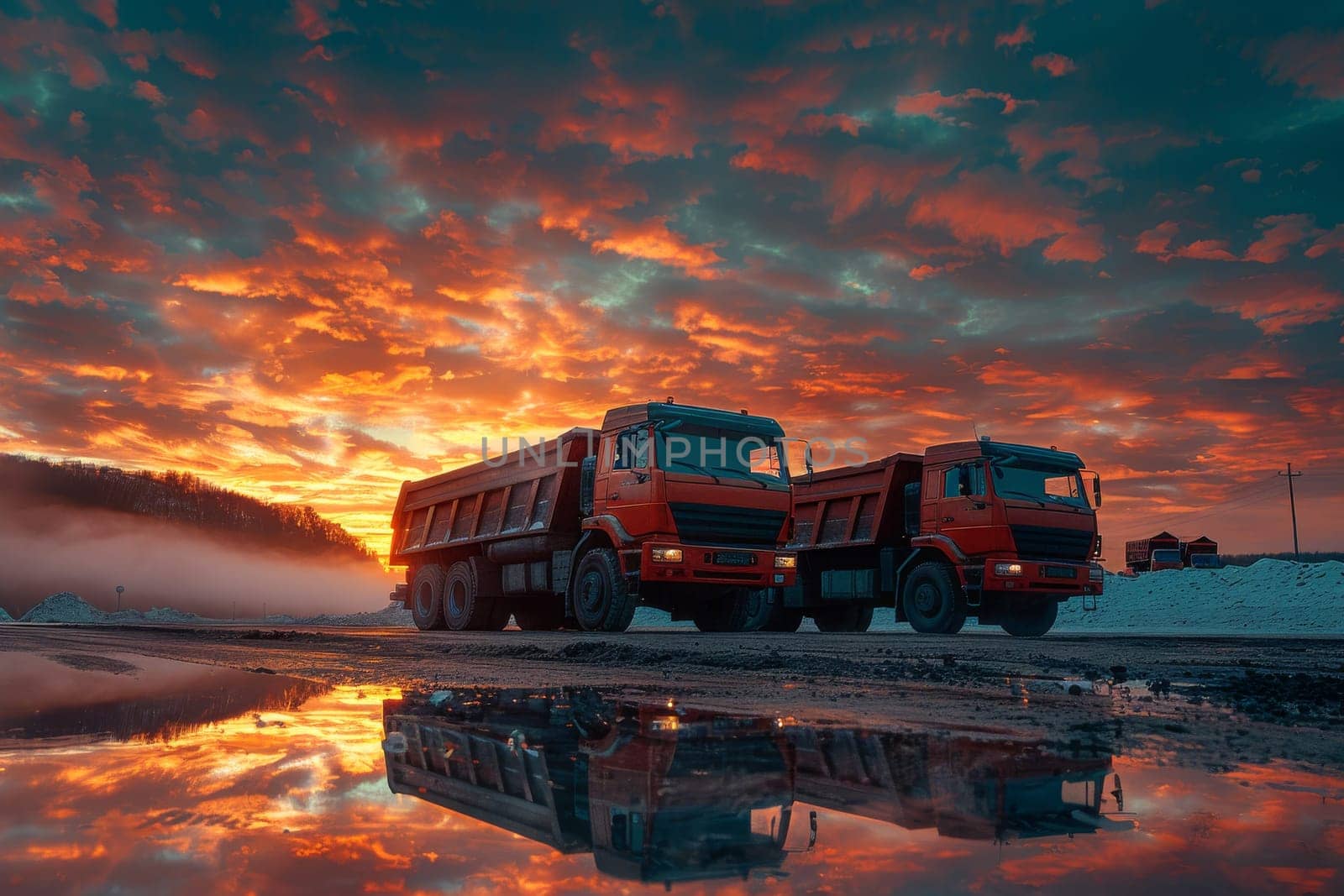 Two red dump trucks are parked on a road near a lake. The sky is orange and the sun is setting