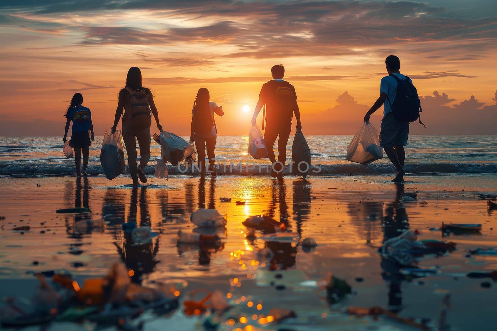 A group of people are walking on the beach, picking up trash. The sun is setting, creating a beautiful and serene atmosphere. The scene conveys the importance of taking care of the environment