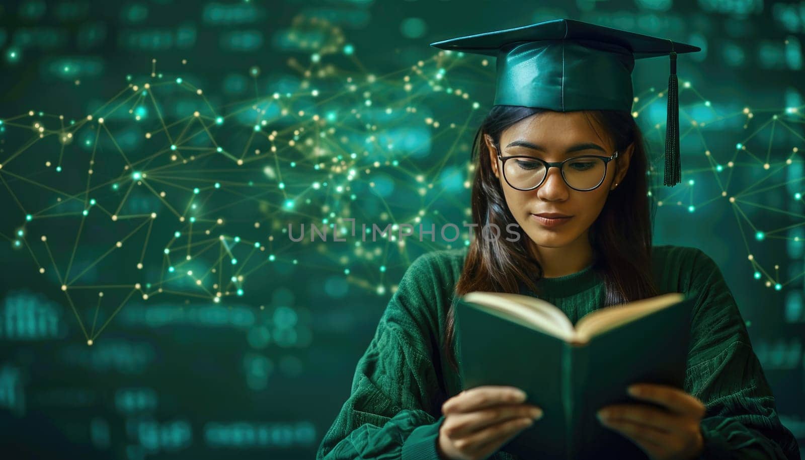 A woman wearing a green cap and glasses is reading a book by AI generated image.