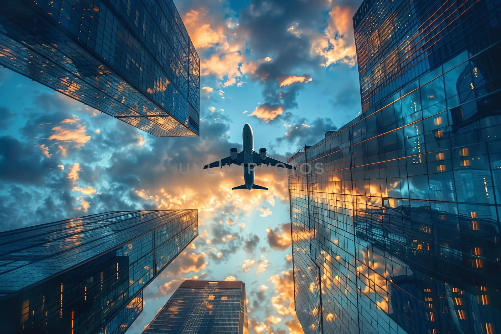 A large airplane is flying over a city with tall buildings. The sky is cloudy and the sun is setting, creating a beautiful and serene atmosphere