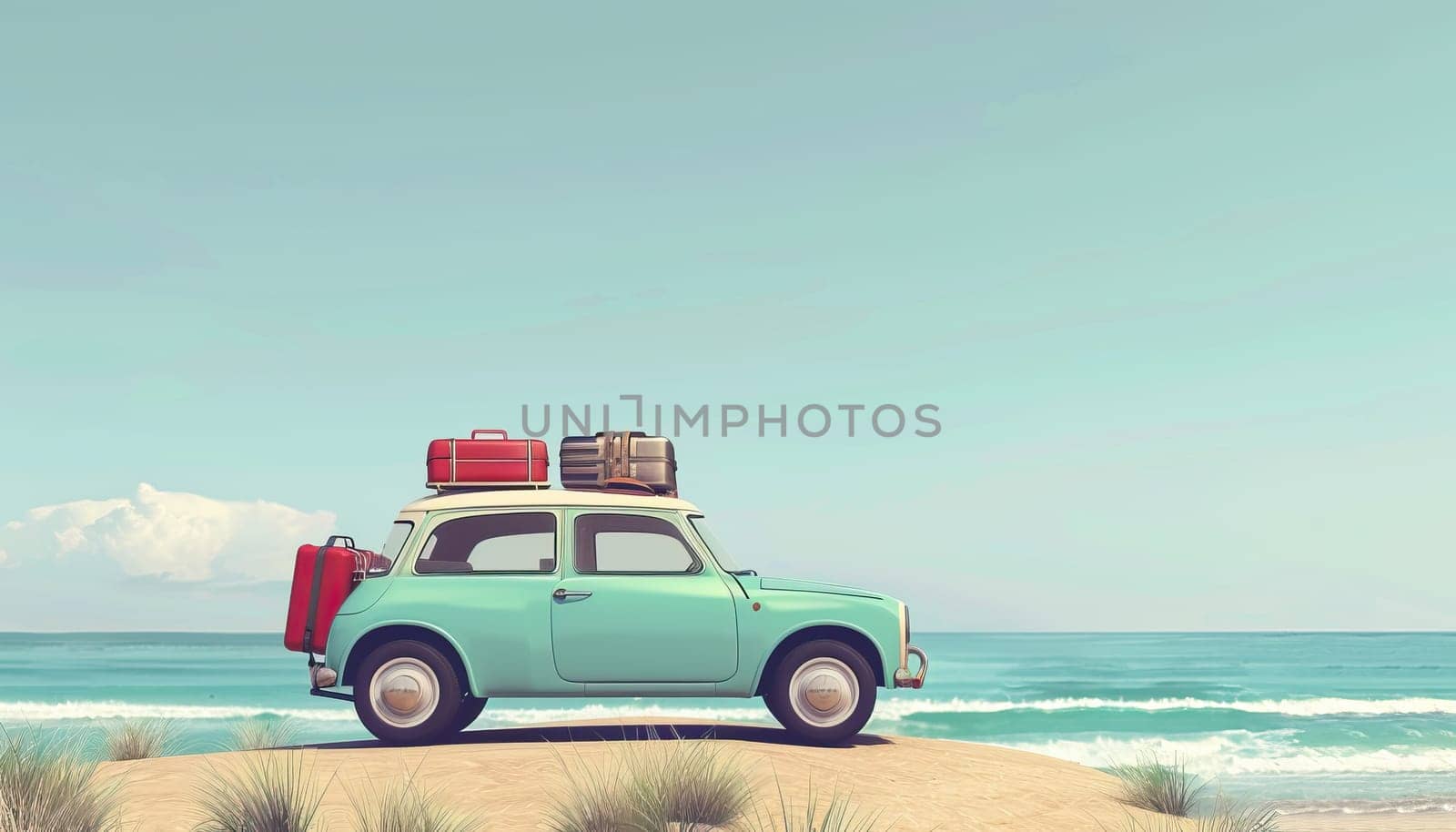 A red car with luggage on top of it is parked on a beach by AI generated image.