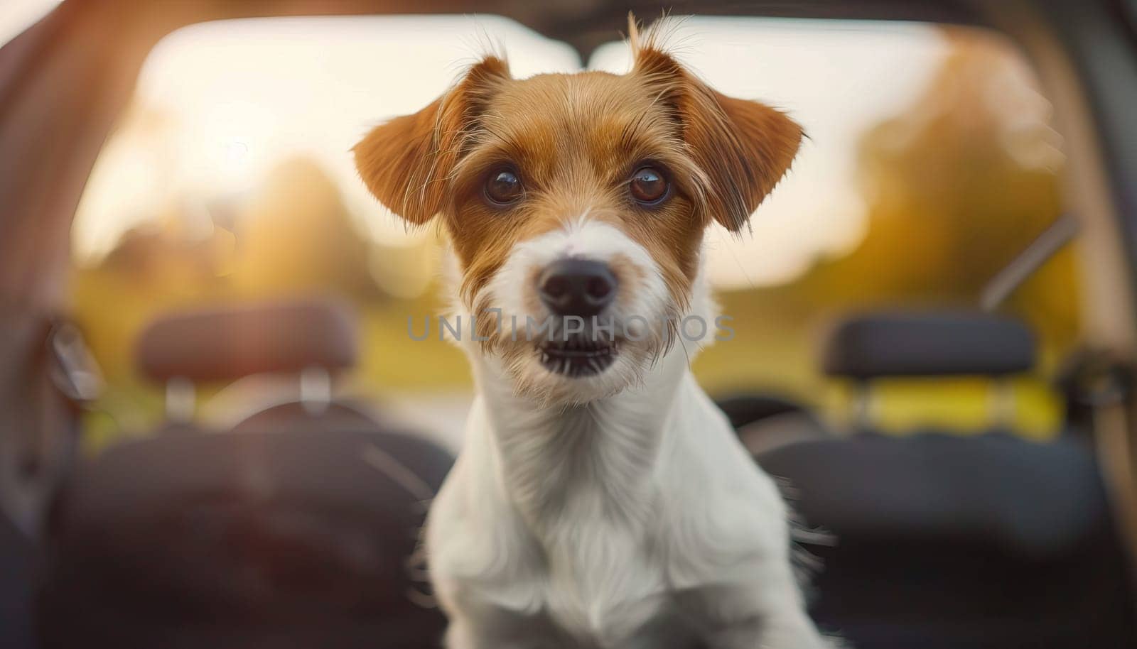 A dog is sitting in the back seat of a car by AI generated image.