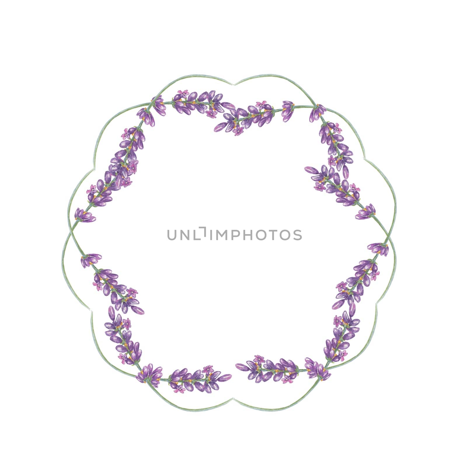 Lavender flowers, purple and violet round frame. Wildflower wreath, vintage floral design. Watercolor template for wedding invitation, cards, gift tag by Fofito