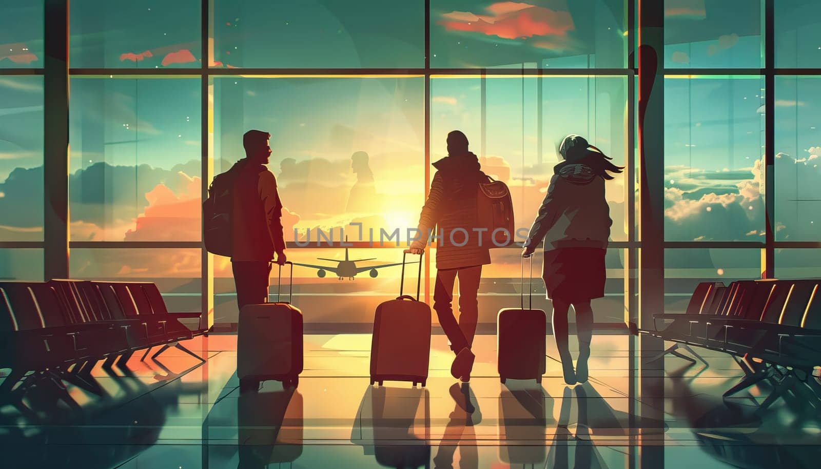Three people are walking through an airport with their luggage by AI generated image.