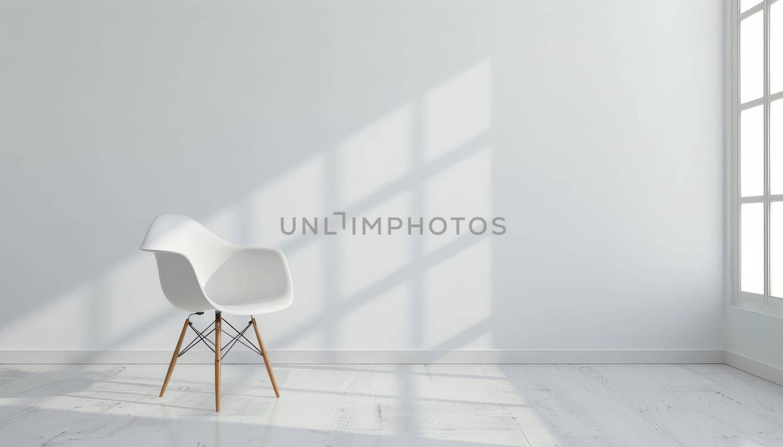 A white chair sits in a room with a white wall by AI generated image by wichayada