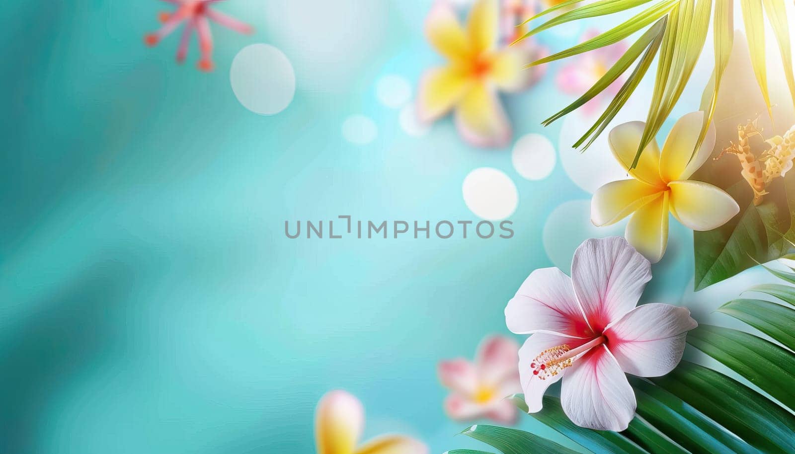 A blue background with a bunch of flowers including a pink and yellow flower by AI generated image.