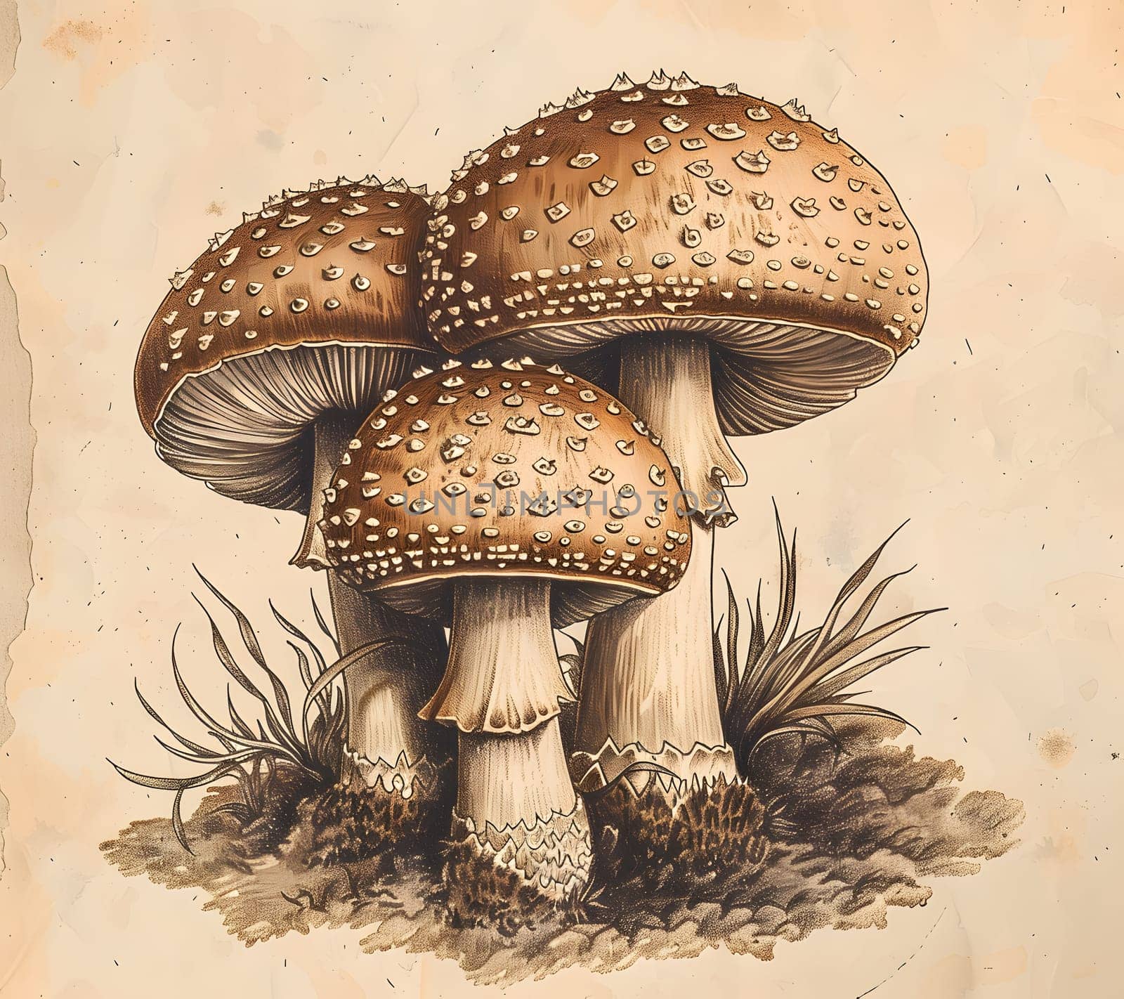 An illustration of three terrestrial mushroom species belonging to the Agaricaceae family, set in a natural landscape. Botany and art come together in this beautiful painting of boletes and agarics