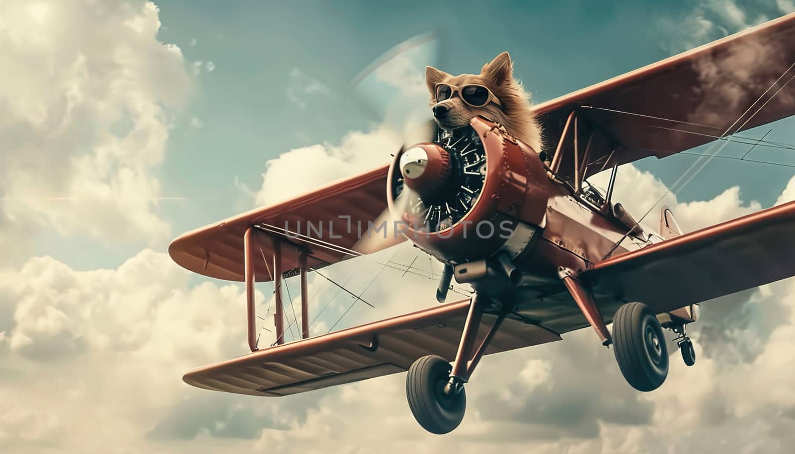 A dog is flying a red airplane with a propeller by AI generated image.