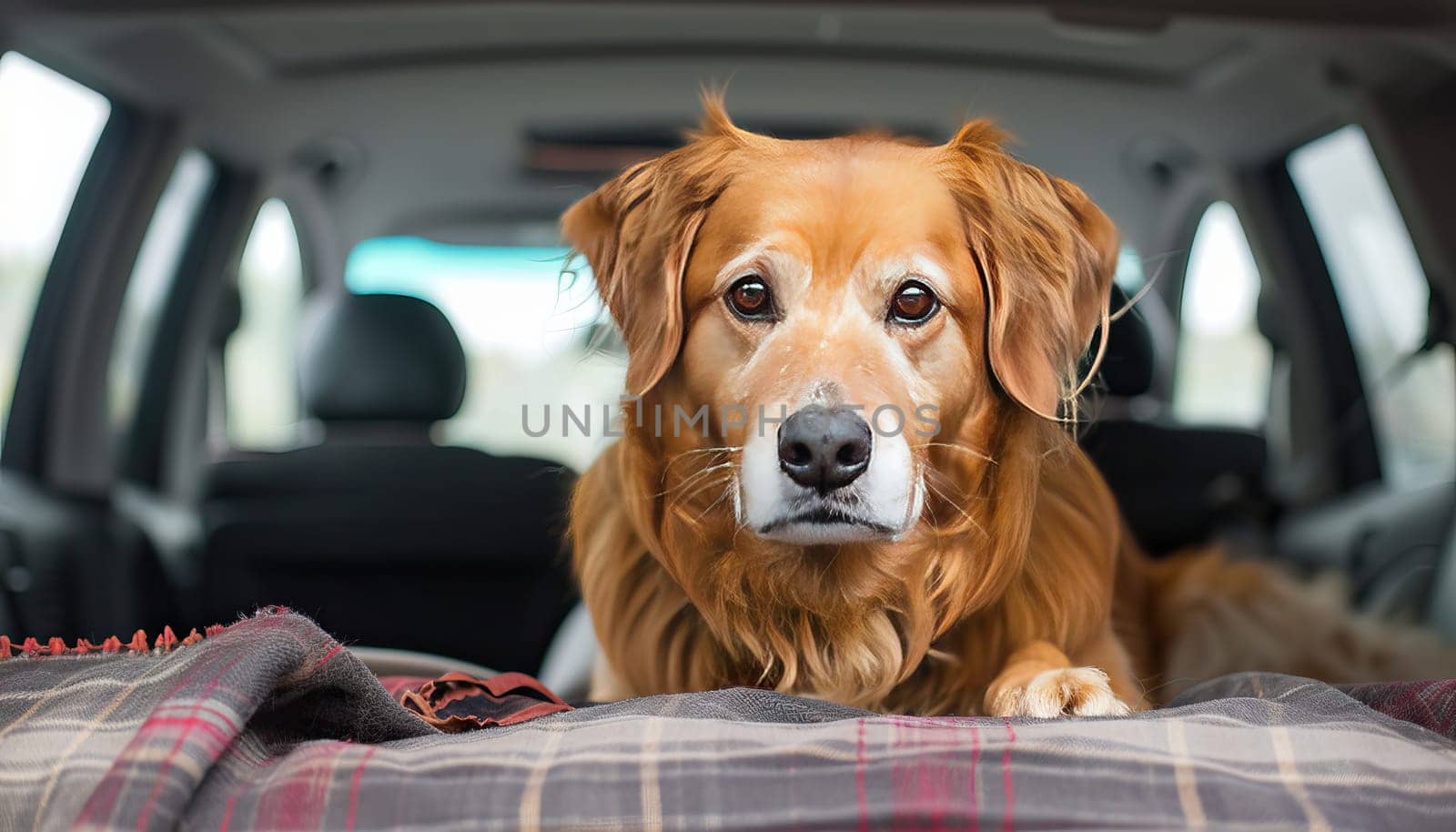 A dog is laying on a blanket in a car by AI generated image.