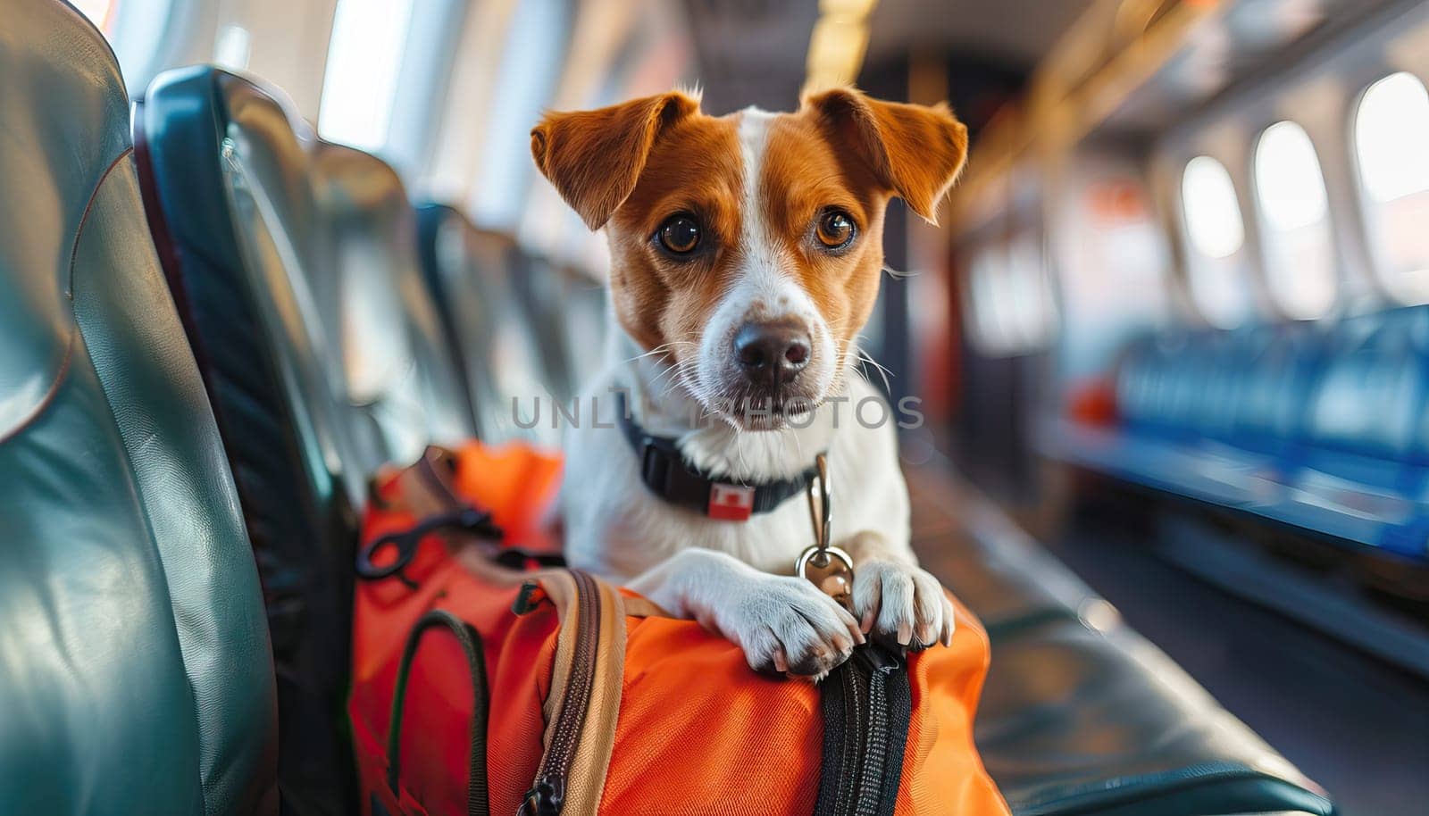 A dog is laying on a seat next to a red backpack by AI generated image.