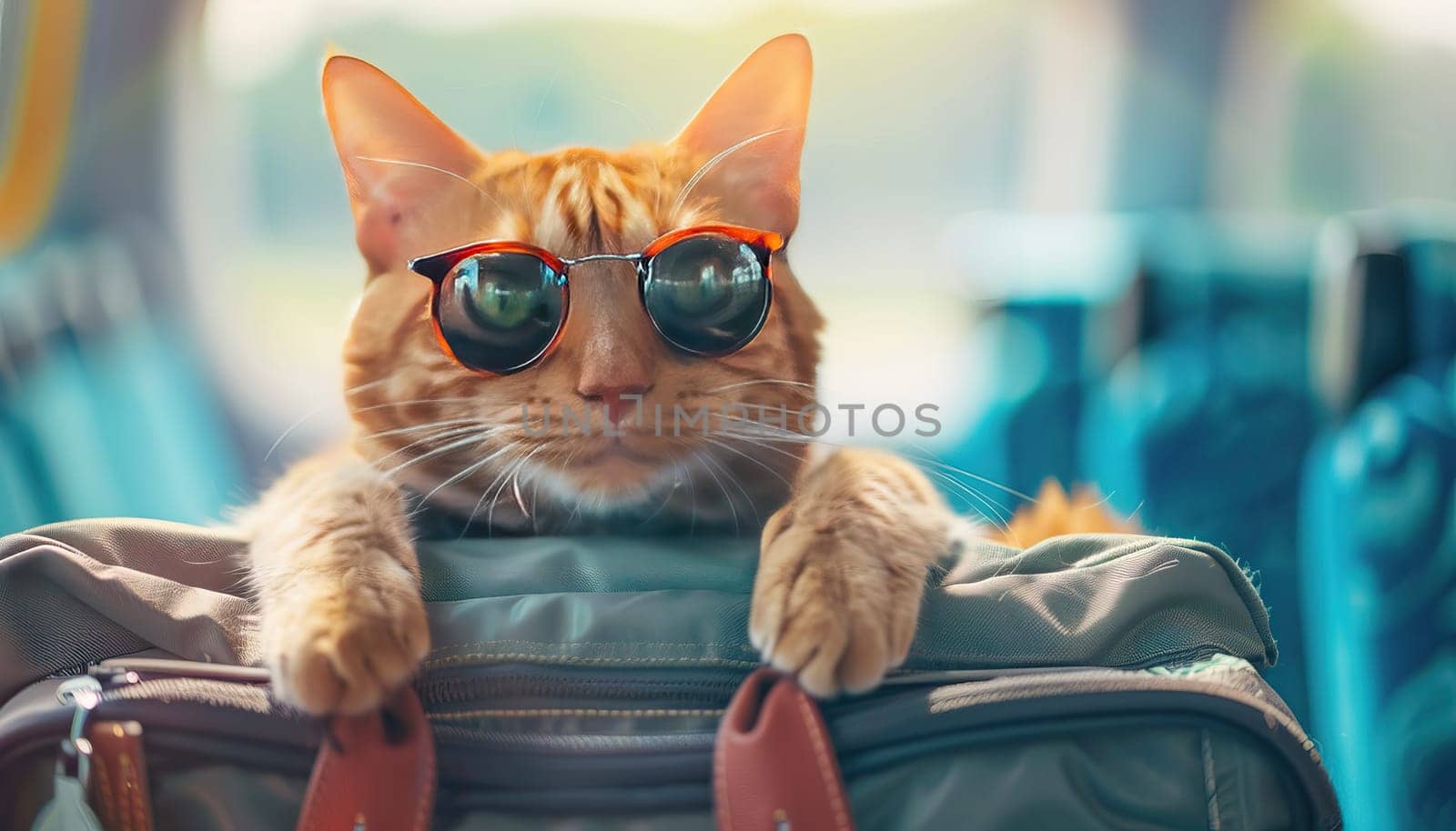 A cat wearing sunglasses and sitting on a suitcase by AI generated image.