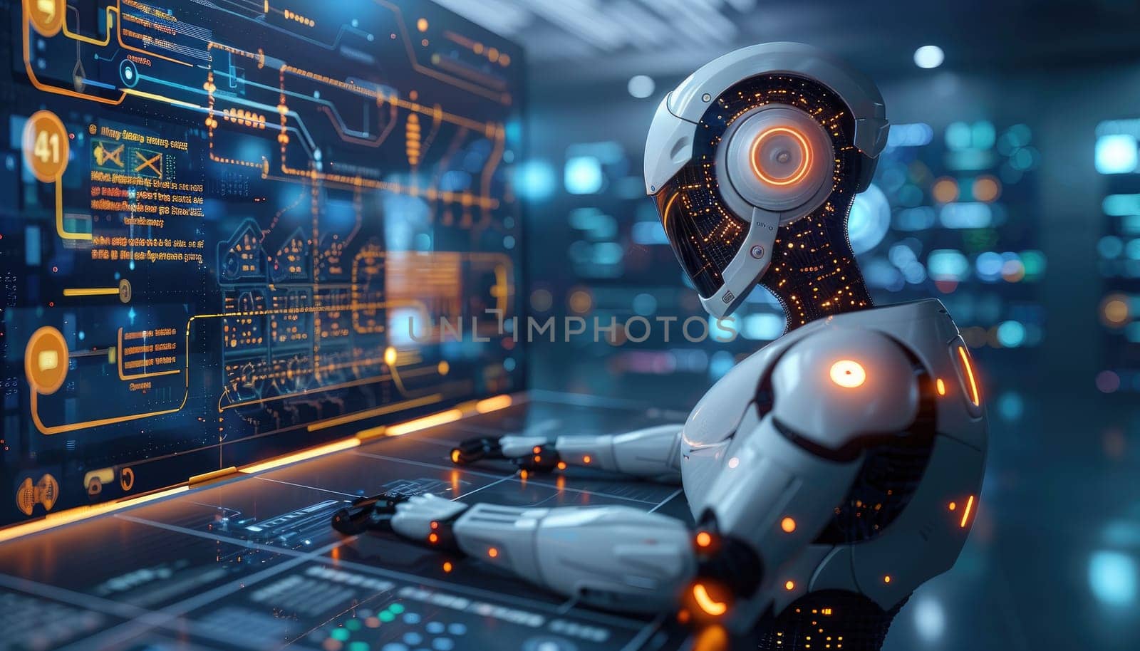 A robot is sitting in front of a computer monitor with a keyboard and a mouse by AI generated image.