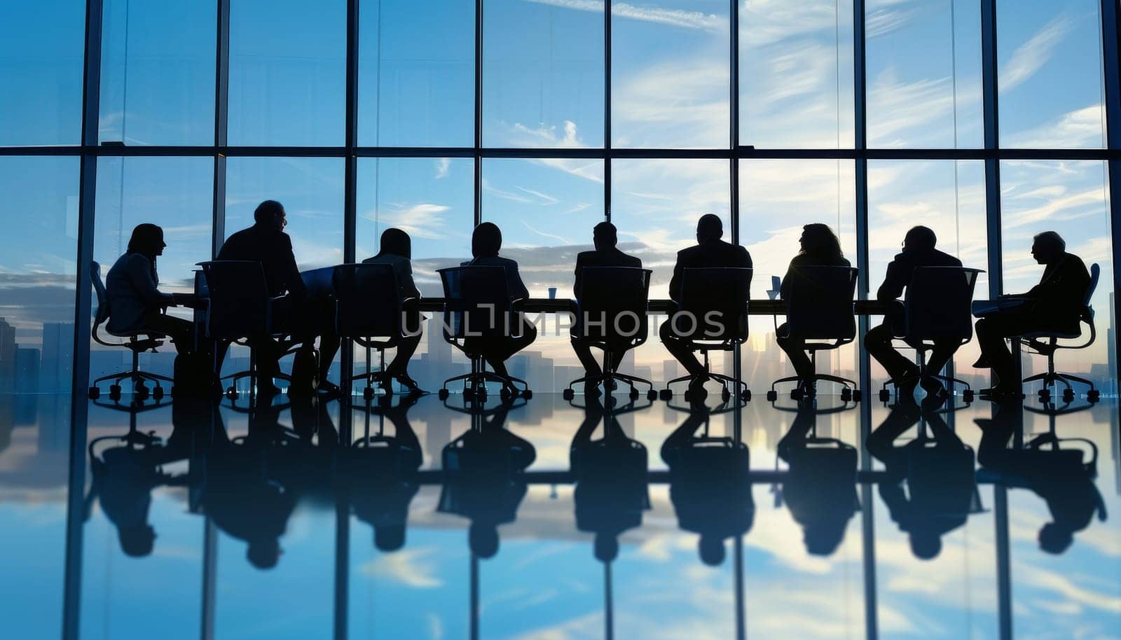 A group of people are sitting at a table in a room with a view of the city by AI generated image.