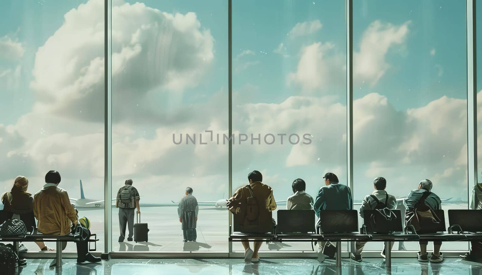 A group of people are sitting in an airport waiting for their flight by AI generated image.