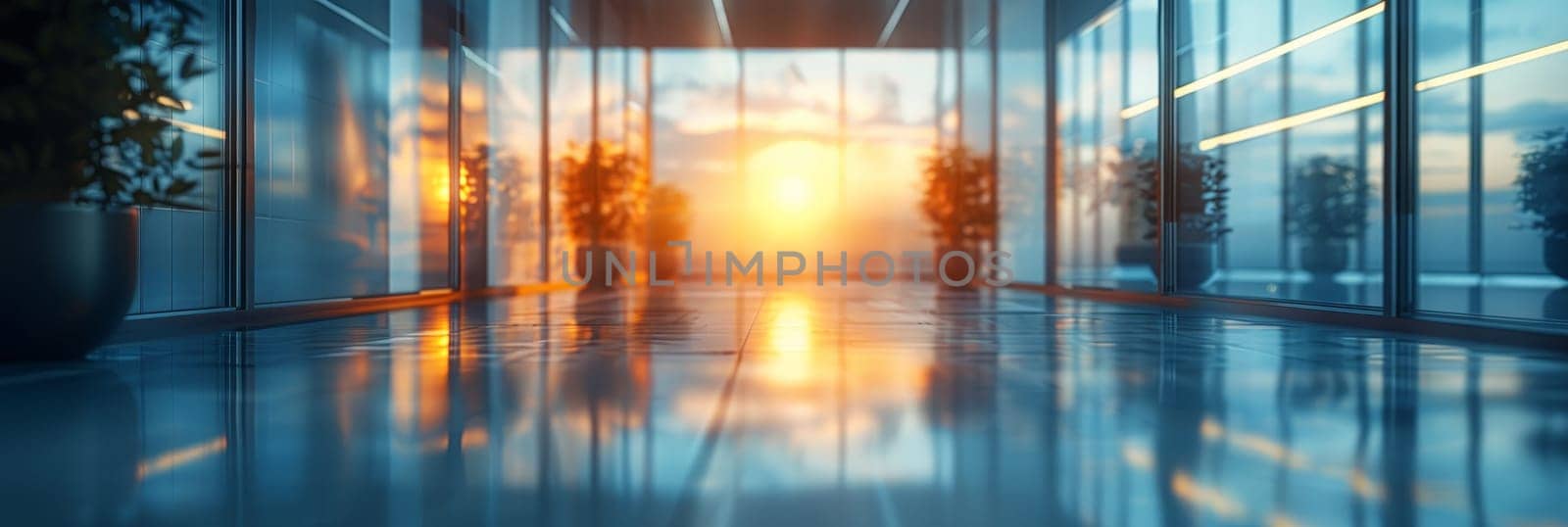 A large, empty room with a sun shining through the windows by AI generated image.
