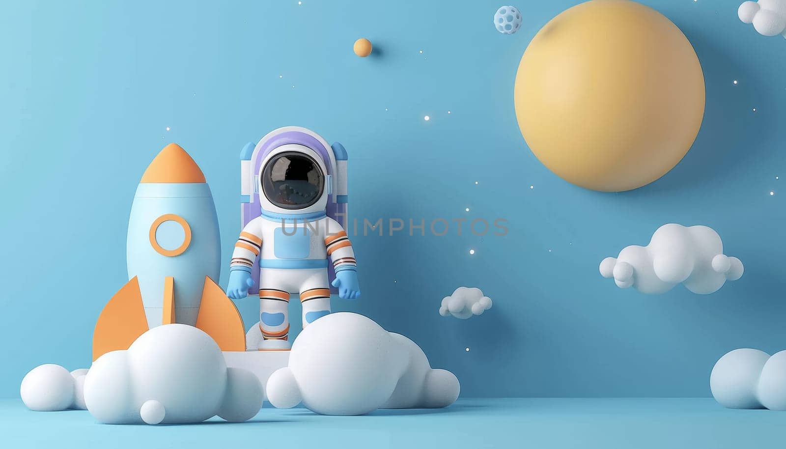 A cartoon astronaut is standing next to a rocket in a blue sky by AI generated image.