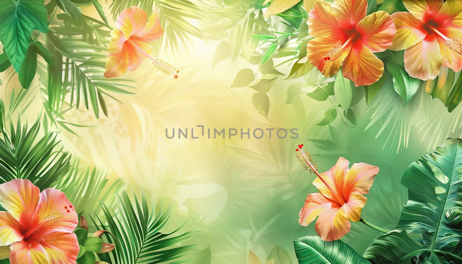 A tropical scene with a pink background and a large orange on the right by AI generated image.