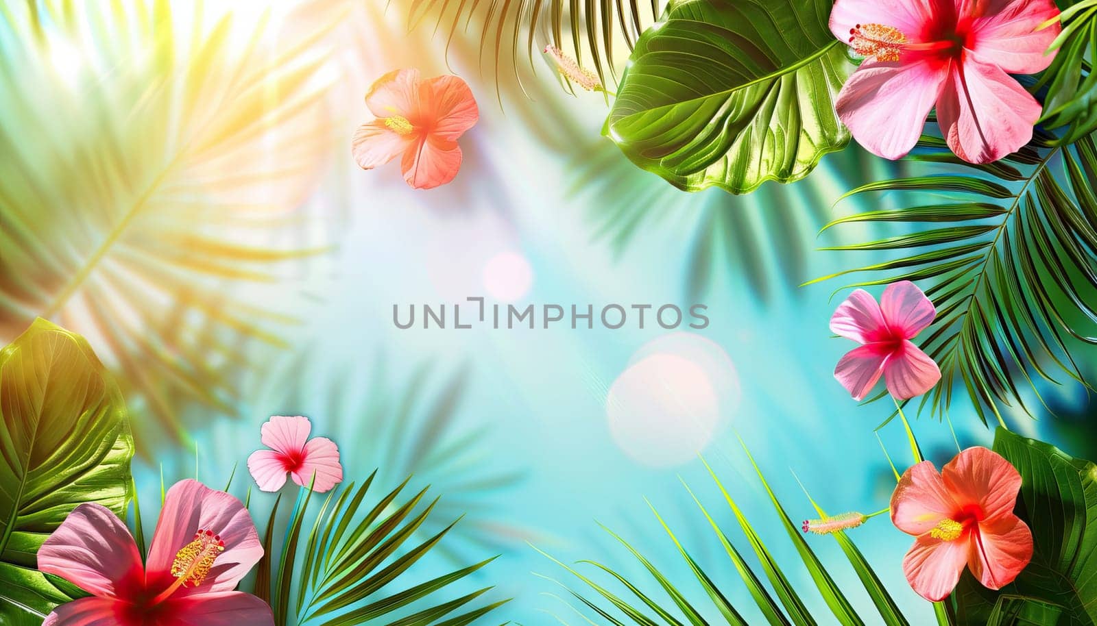 A tropical scene with a pink background and a large orange on the right by AI generated image.