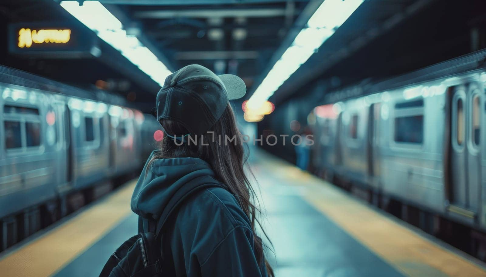 A woman wearing a brown hat and a yellow jacket stands in front of a train by AI generated image.