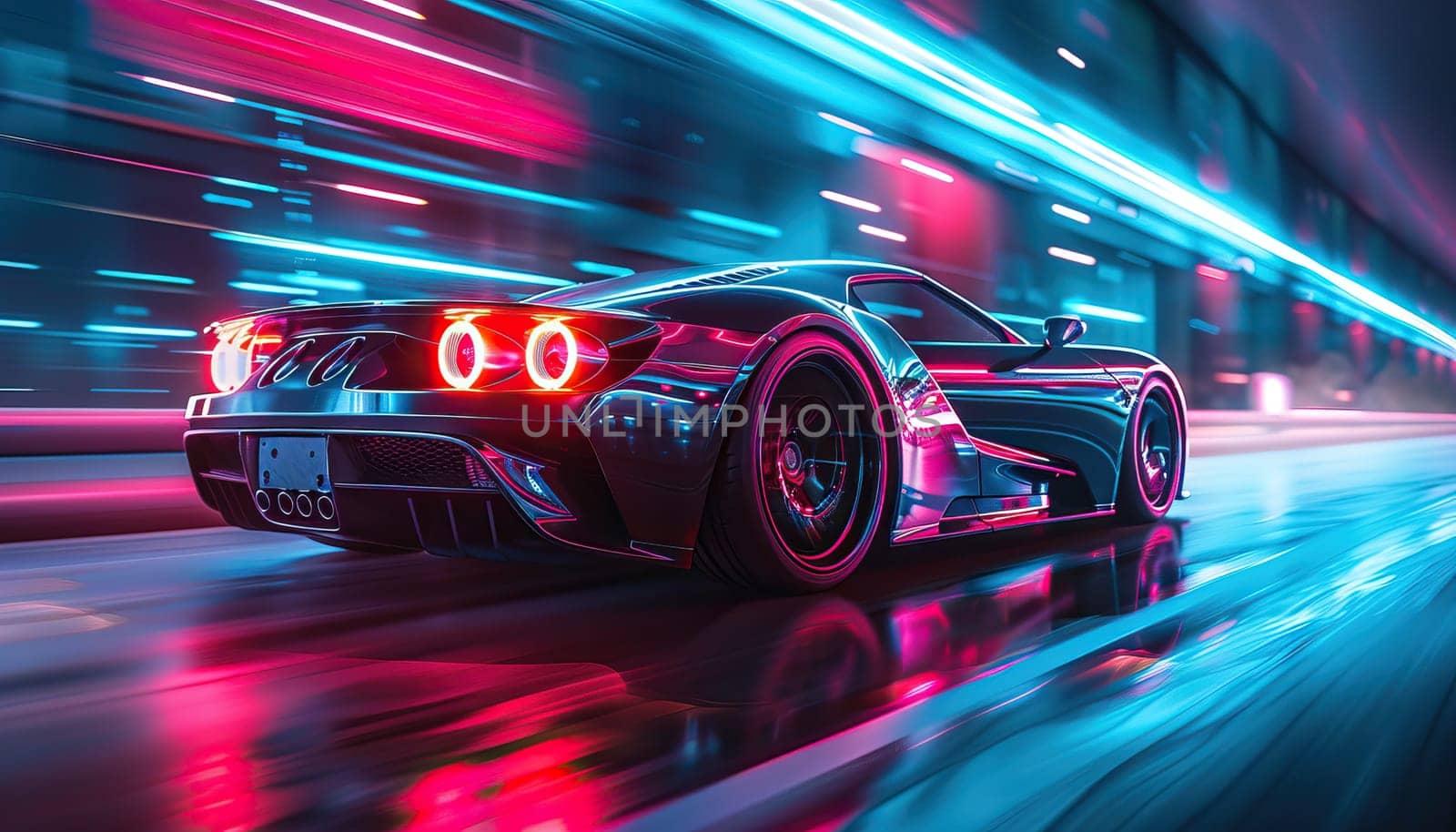 A car is driving down a street with neon lights by AI generated image by wichayada