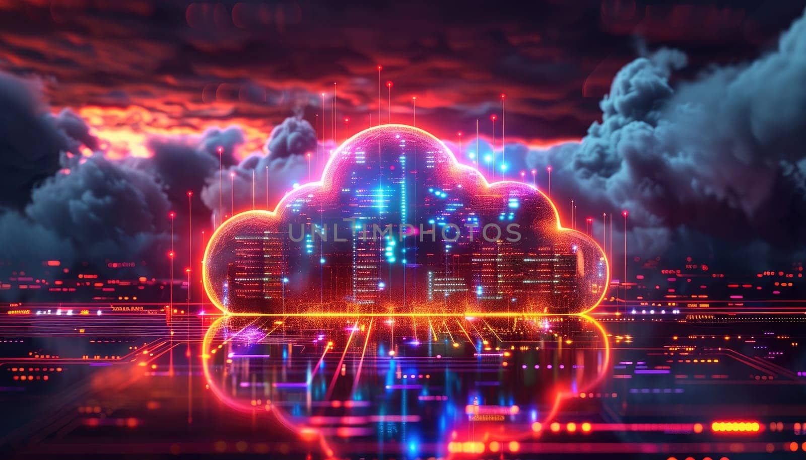 A glowing cloud with a city reflected in it by AI generated image.