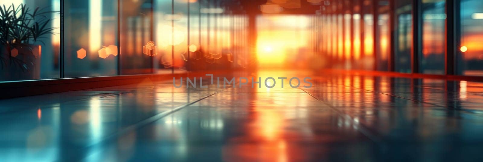 A hallway with a sun shining through the windows by AI generated image by wichayada