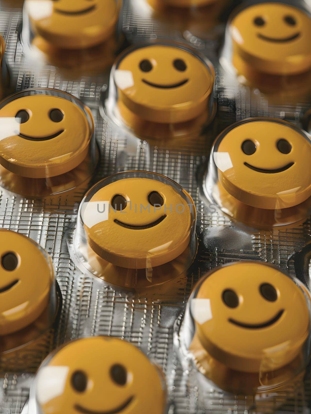 A collection of sunny yellow smiley faces in plastic containers, reminiscent of the joy and sweetness of baked goods. The cheerful facial expressions are sure to bring a smile to anyones face
